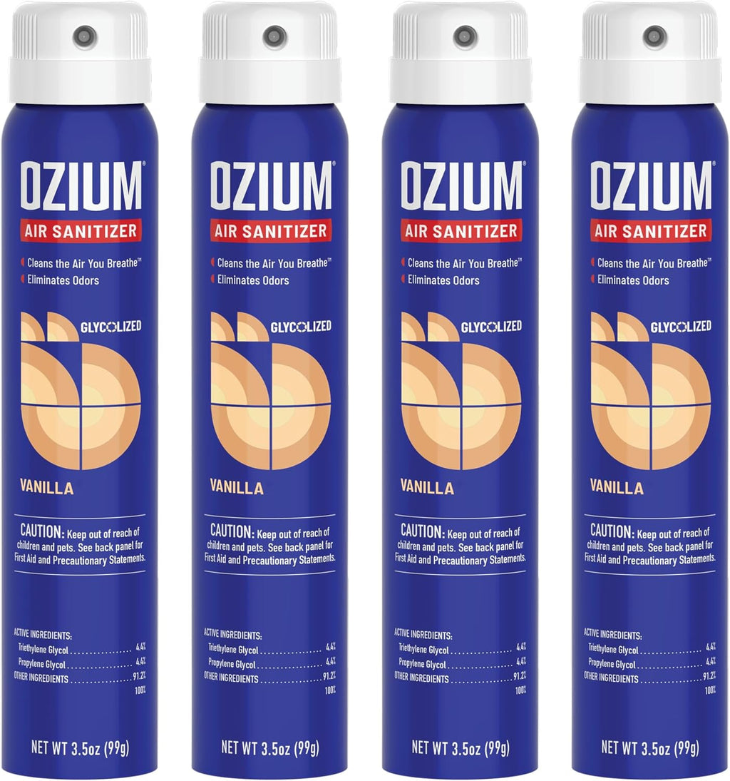 Ozium 3.5 Oz. Air Sanitizer & Odor Eliminator for Homes, Cars, Offices and More, Vanilla Scent, 4 Pack