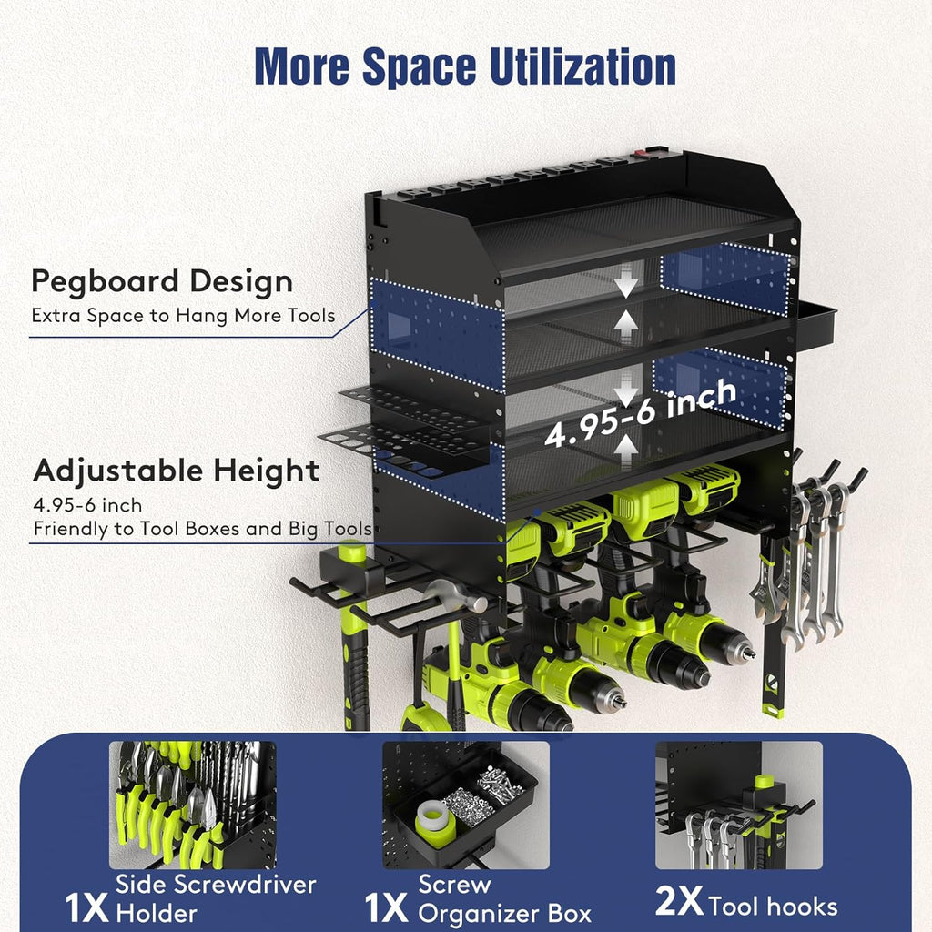 Heavy Duty Power Tool Organizer Wall Mount with Charging Station, 4 Layer Garage Storage Adjustable Shelves Height, Holds 4 Drills, 2 Hooks, Screw & Screwdriver box, Gifts for Fathers Day, Anniversary