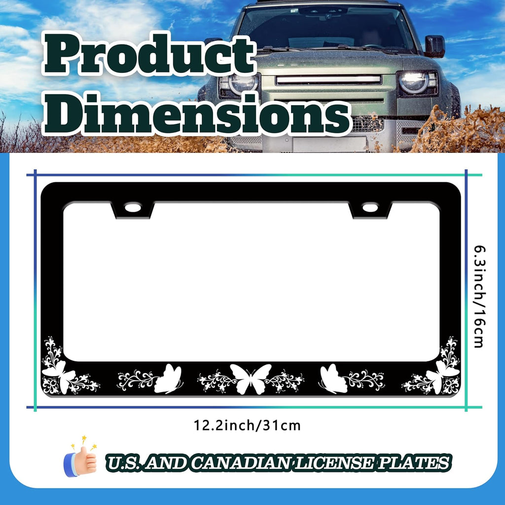 Black White Butterfly License Plate Frame Funny Butterflies License Plate Holder for Front or Rear Car Tags Reusable Durable Stainless Steel Car Decoration with Screws 6.3 X 12.2 Inch for Men Women