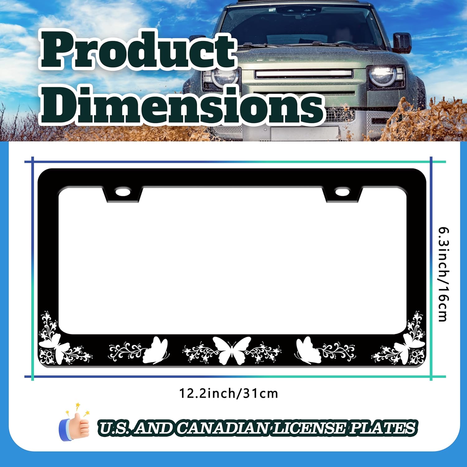 Black White Butterfly License Plate Frame Funny Butterflies License Plate Holder for Front or Rear Car Tags Reusable Durable Stainless Steel Car Decoration with Screws 6.3 X 12.2 Inch for Men Women