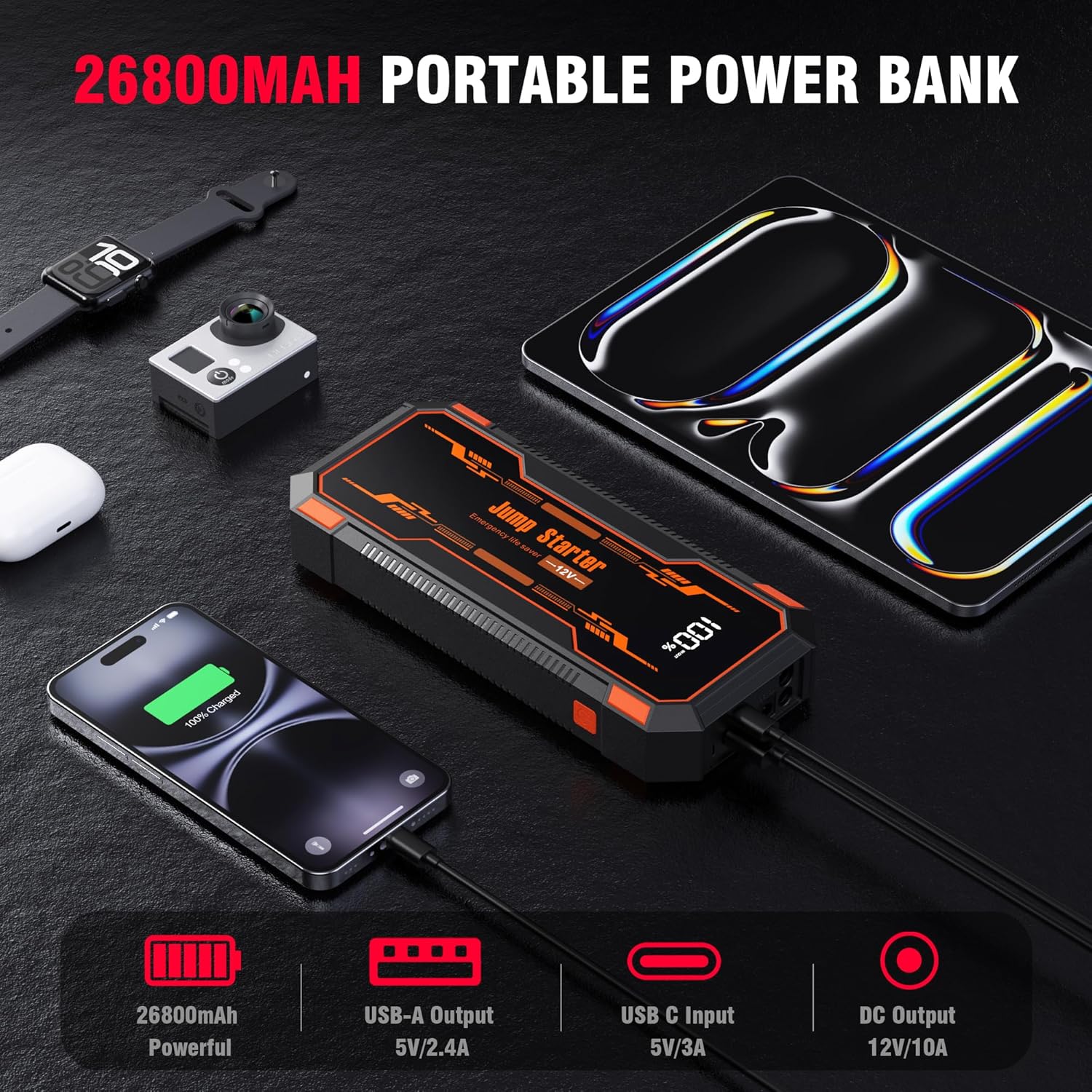 Car Jump Starter 6000A Car Battery Jump Starter Portable,12V Battery Jumper Starter Portable(10.0L Gas/8.0L Diesel),LCD Display Jump Box Jump Starter Battery Pack with Jumper Cable&Flashlight-Orange