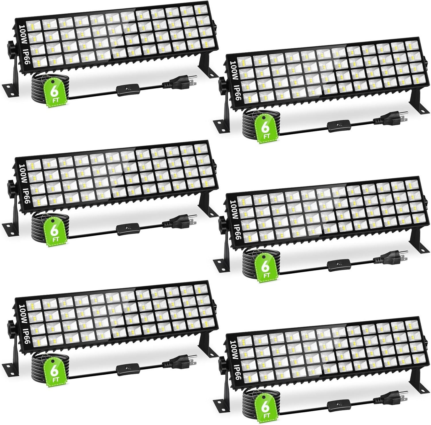 6 Pack LED Shop Lights, 100W 11000LM Plug in Garage Light with 6FT Power Cord, IP66 Waterproof Work Bench Shop Lights for Garage, Workshop, Warehouse, Outdoor, Yard, Garden