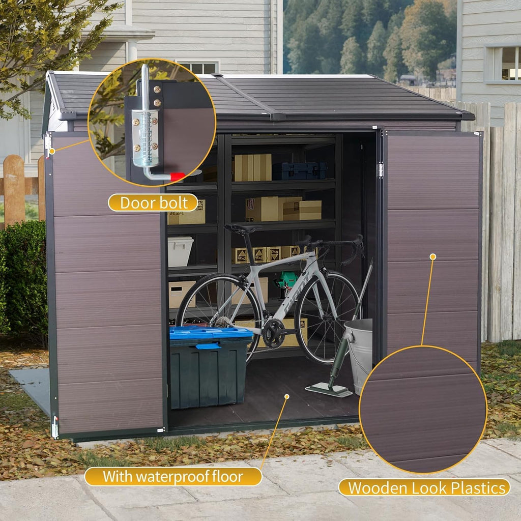 8x6 FT Outdoor Storage Shed, Resin Garden Shed with Thick Floor, Plastic Storage Shed with 2 Windows, Waterproof Outside Tool Shed with Lockable Hinged Doors for Backyard, Patio, Lawn, Brown