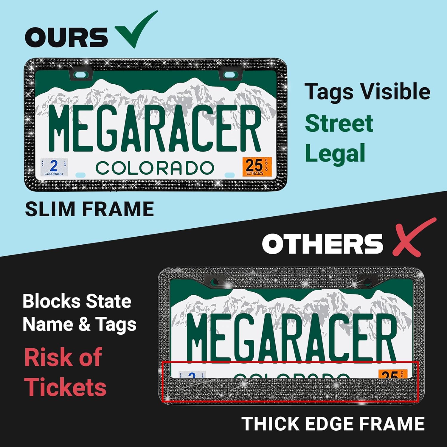 Elegant Bling License Plate Frames for Women - 2 Pack, 1600 Premium Black Rhinestones, Rust-Free Stainless Steel, Street Legal Slim Design, Sparkly Diamond Car Tag Holders with Glitter Crystal Covers