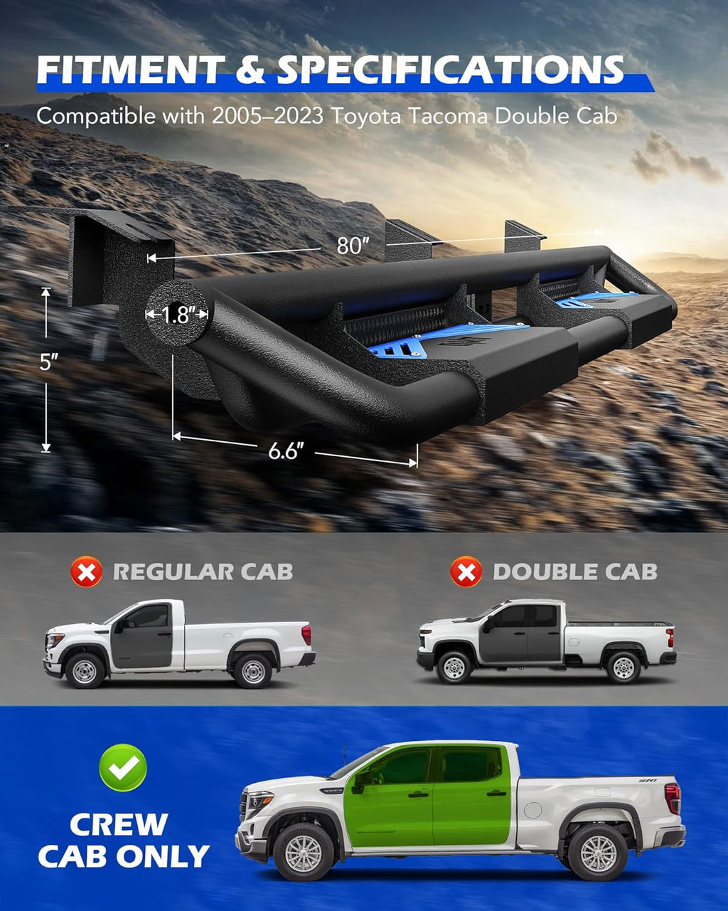 Running Boards Compatible with Toyota Tacoma Double Cab 2005-2023, 6.6" Side Steps with Paintable Step Plates, Heavy Duty Nerf Bar with Triple-Shield Anti-Corrosion Technology, Single Stair