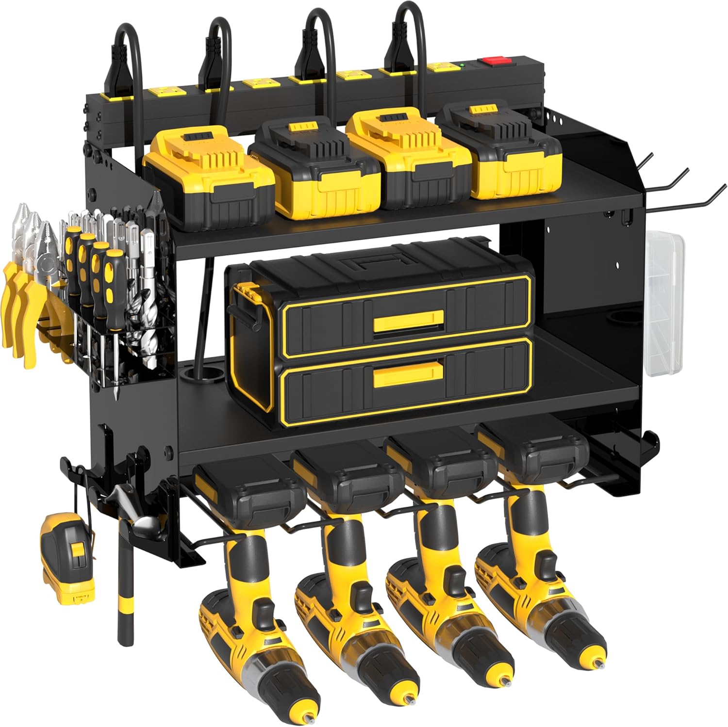Heavy Duty Wall-Mounted Tool Organizer&Power Charging Station,Modular Garage Storage System with Cordless Drill Holder, Battery Racks,Shelves,Workshop Organizers with Electric Cord Management