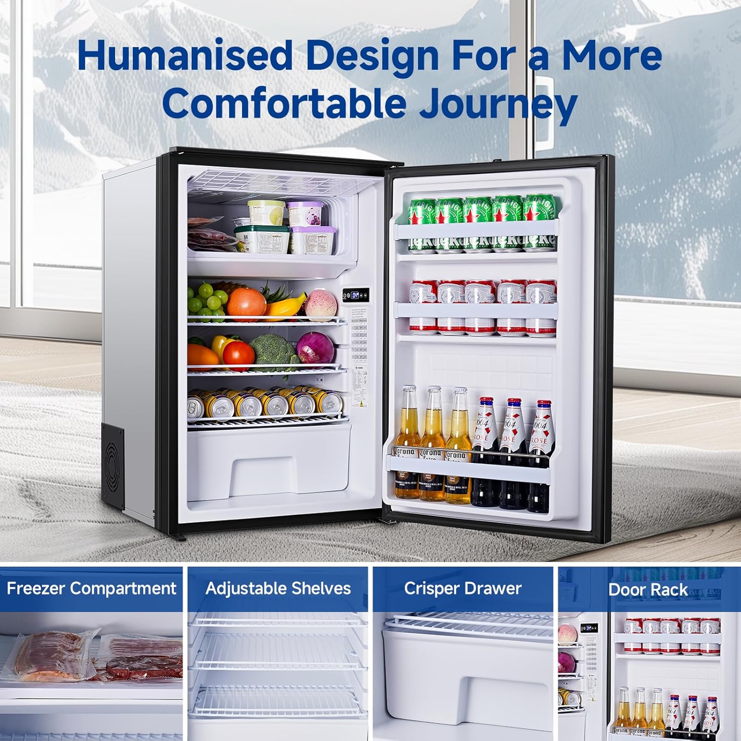 BODEGACOOLER 12 Volt Refrigerator, 116.2Quart RV Refrigerator with Freezer, Dual Modes RV Fridge with LED, (5℉-50℉) Travel Compressor Refrigerator 12/24V DC for Boat, Caravan, Truck, Camping (Black)