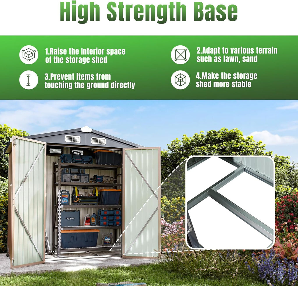 Aoxun 6'x4' Outdoor Storage Shed with Base Galvanized Steel Metal Garden Shed for Patio, Lawn & Garden(Brown, 6' x 4'W/Base)