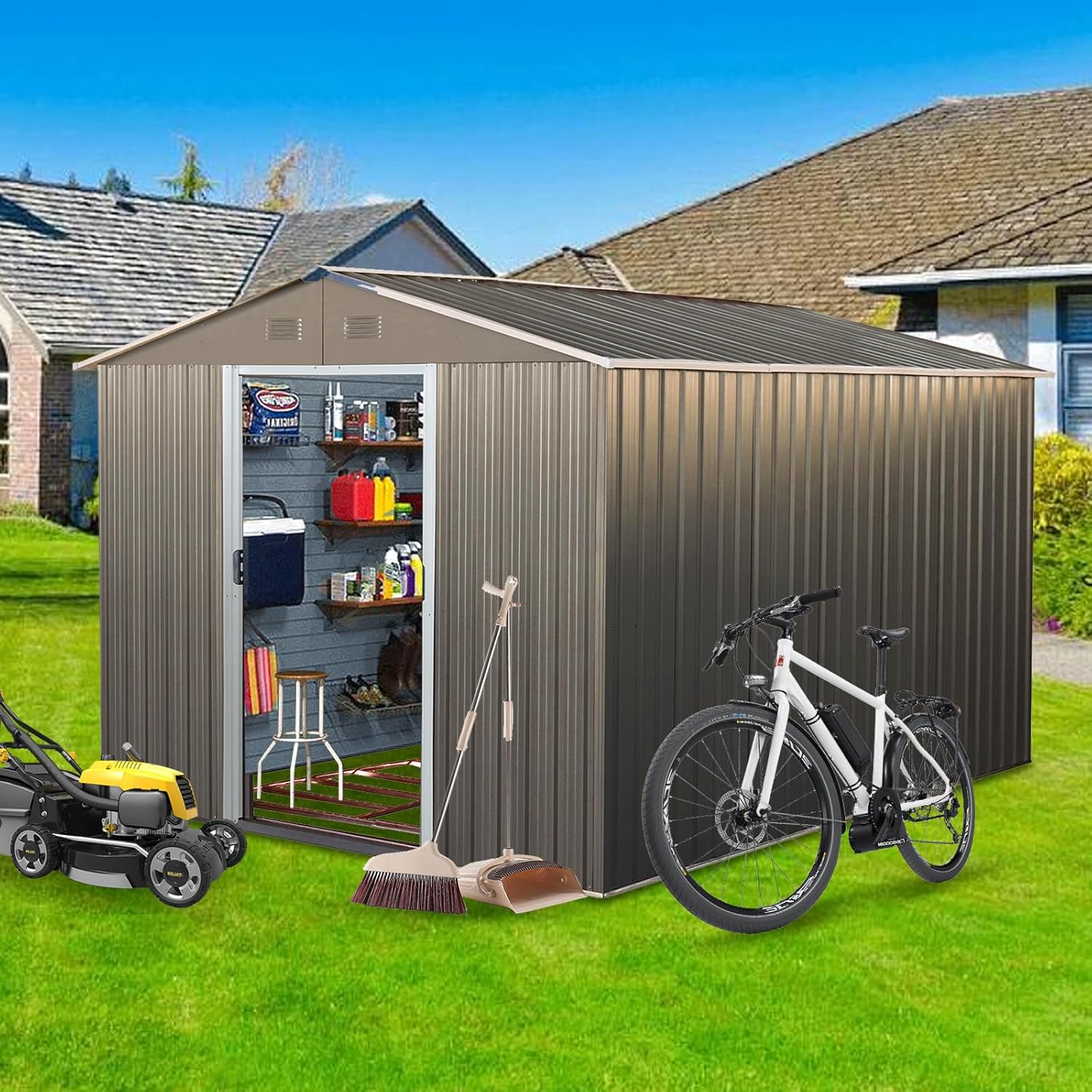 8x10 FT Outdoor Storage Shed, Metal Garden Shed with Frame Floor, Outside Tool Shed with Lockable Sliding Doors, Waterproof Storage Building with Sloped Roof for Backyard, Patio, Lawn, Gray