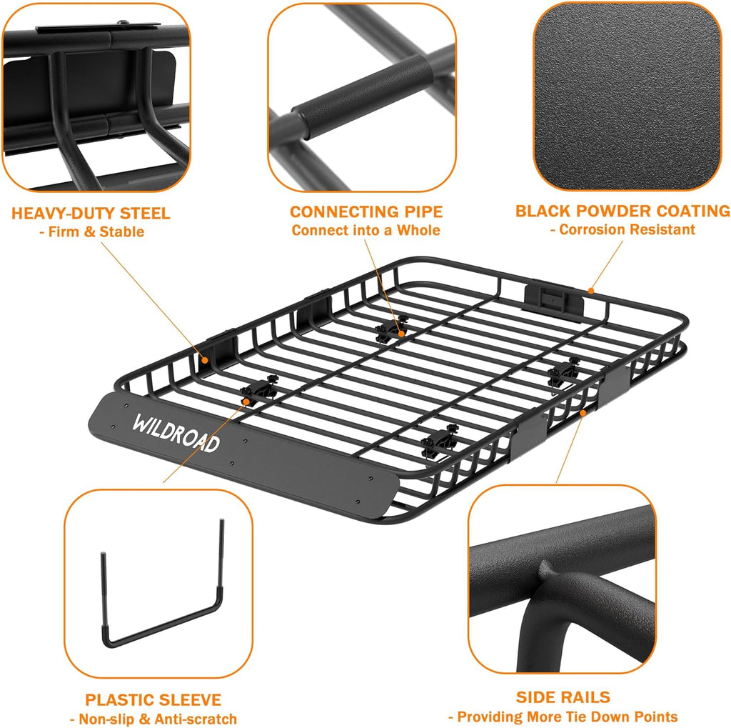 WILDROAD Car Roof Cargo Basket Combo of Upgraded 64"x 39"x 4" Roof Rack Cargo Basket with 21 Cubic ft Waterproof Cargo Bag, Cargo Net, Ratchet Straps and Anti-Rust Sealant