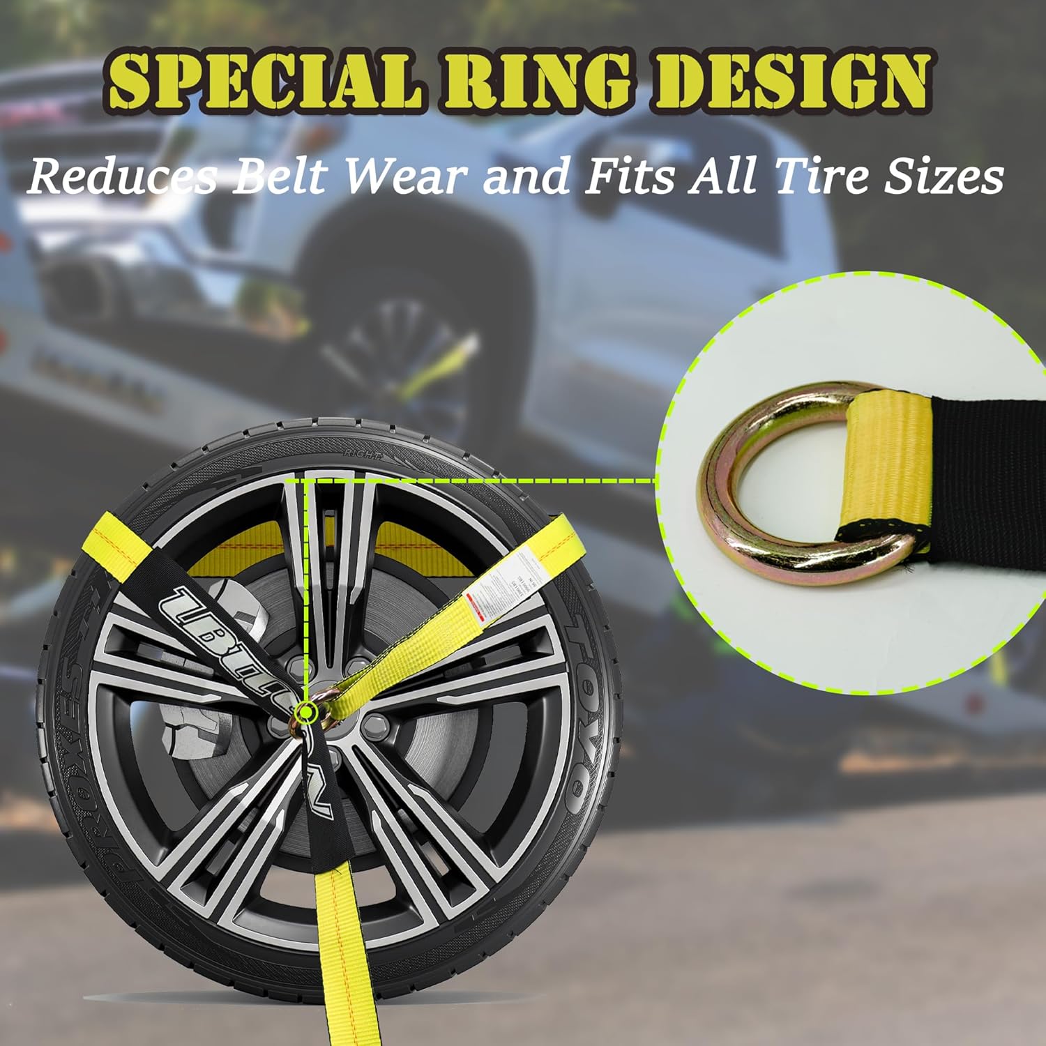 4 Pack Car Tie Down Straps for Trailers - 2" x 96" - 3,300 lbs Safe Working Load -Adjustable Wheel Straps for Hauling Cars.Yellow