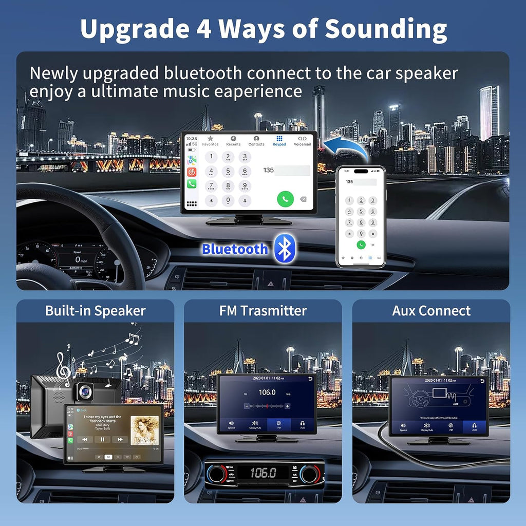 Carplay Screen for Car, 9" Portable Wireless Carplay Screen with 4K Dash Cam, 1080P Backup Camera, Car Stereo for Carplay & Android Auto GPS Navigation/Bluetooth/Mirror Link/Voice Control/AUX/FM/Siri