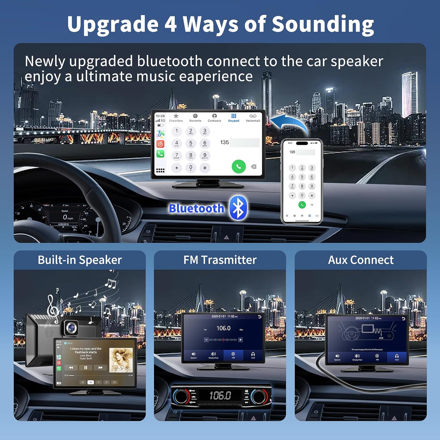 Carplay Screen for Car, 9" Portable Wireless Carplay Screen with 4K Dash Cam, 1080P Backup Camera, Car Stereo for Carplay & Android Auto GPS Navigation/Bluetooth/Mirror Link/Voice Control/AUX/FM/Siri