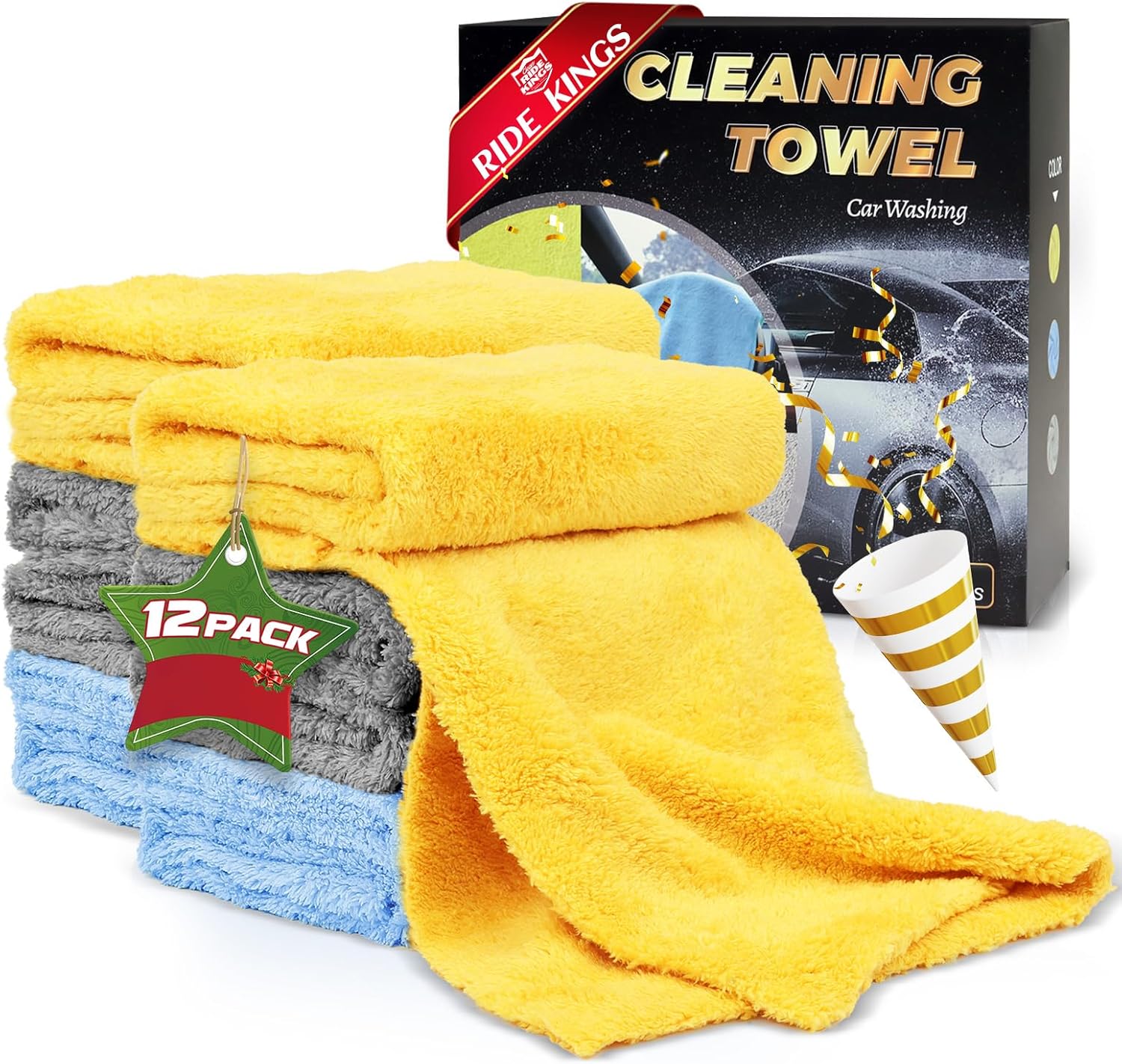 Car Wash Drying Towels,Coral Fleece , For Car,SUV,RV,Motorcycle ,Boat,Home ,Kitchen,Absorbent, Lint-Free, Extra Soft,Reusable and Durable,Interior Microfiber Rags 16in x 16in-12 Packs Blue+Yellow+Grey