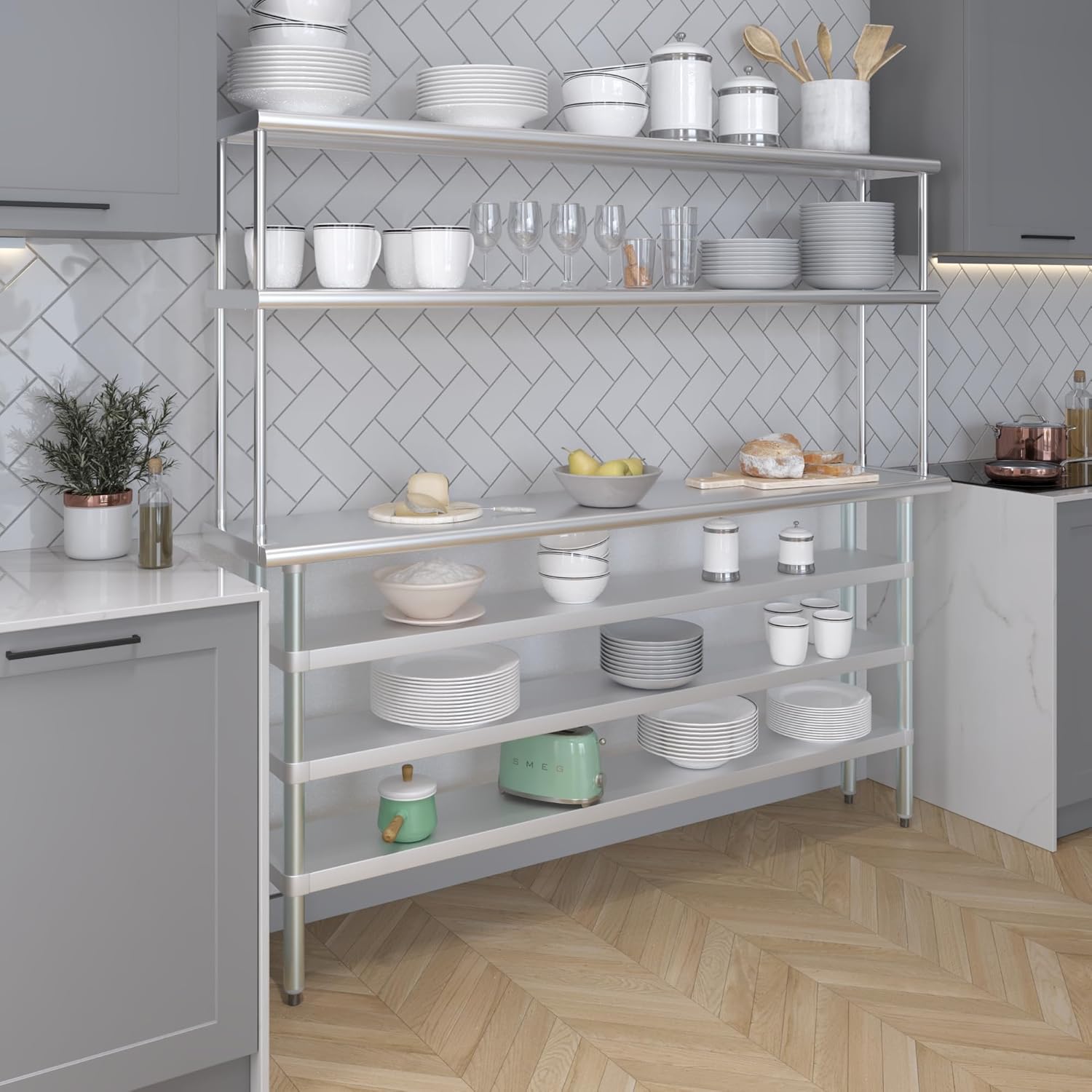 Amgood 14" x 72" Stainless Steel Work Table with 3 Shelves and 12" Wide Double Tier Overshelf | Metal Kitchen Prep Table & Shelving Combo | NSF