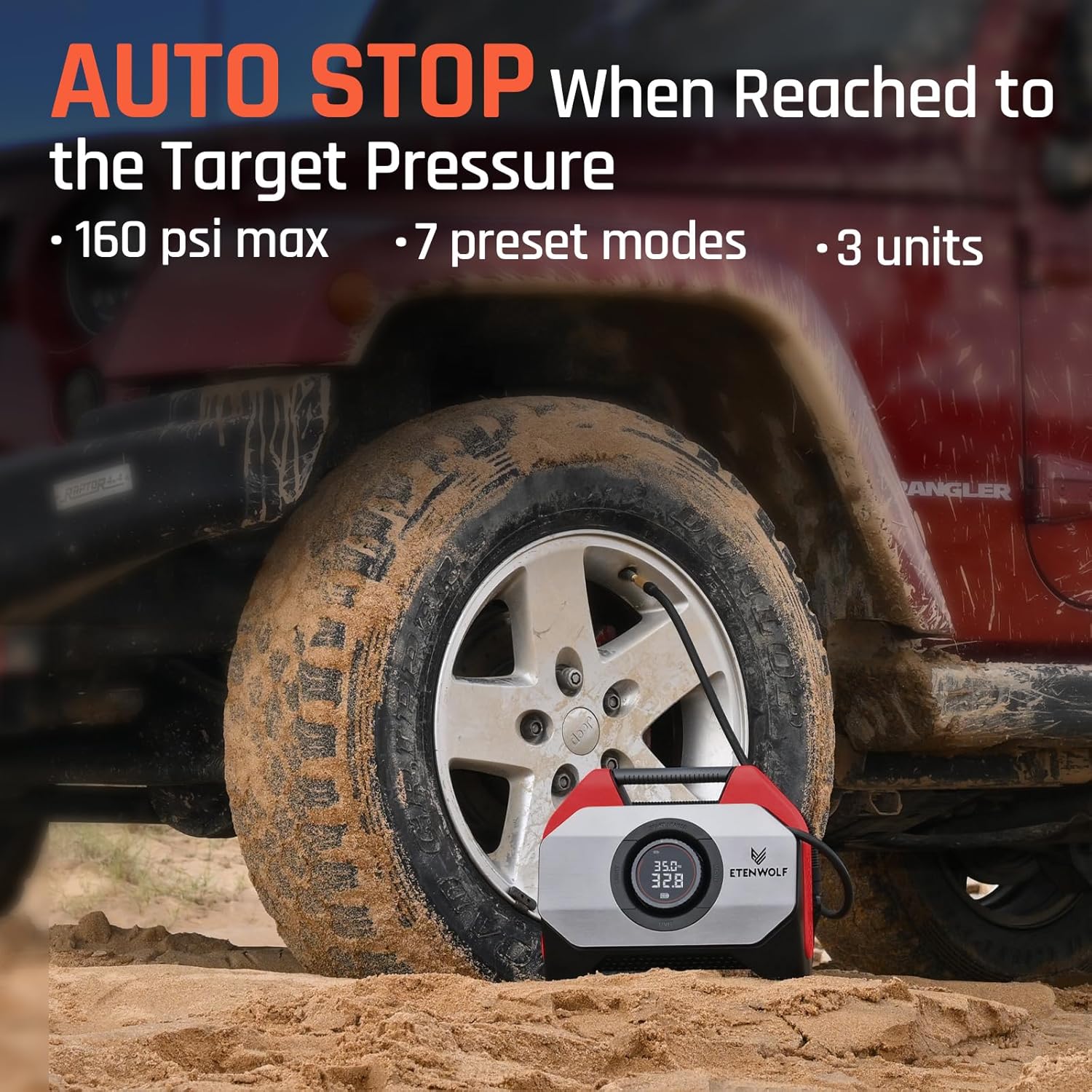 ETENWOLF VORTEX S6 Tire Inflator Portable Air Compressor for Heavy-duty Vehicle, Cordless Air Pump for Car & Inflatables with 19200 mAh Battery, 100% Duty Cycle & Dual Cylinder Bike Pump, Red