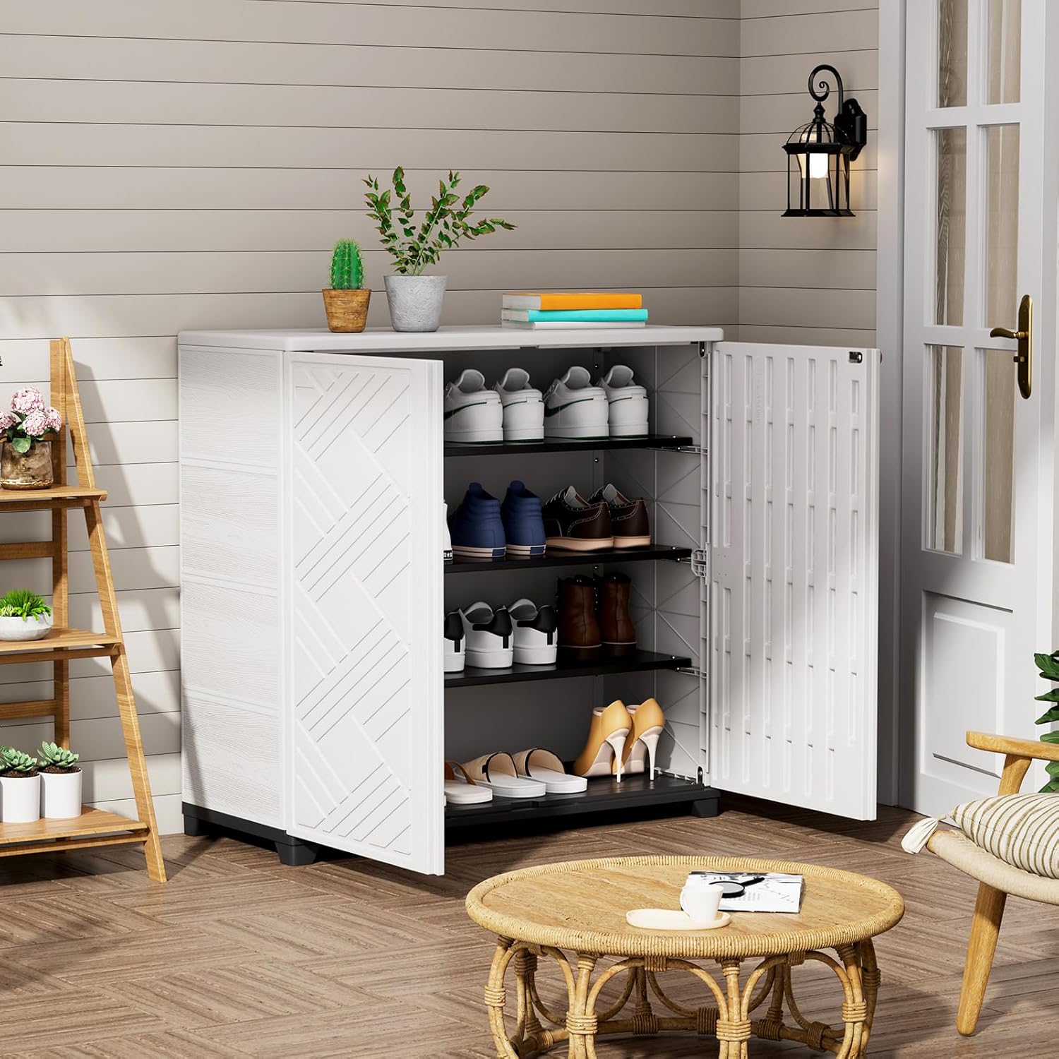 ZZM Indoor/Outdoor Storage Cabinet Waterproof, 34"x15"x34" Plastic Outdoor Storage Box for Garden Balcony Bathroom, All Weather Outdoor Storage Clearance, DIY Usage, with 2 Shelf (White)