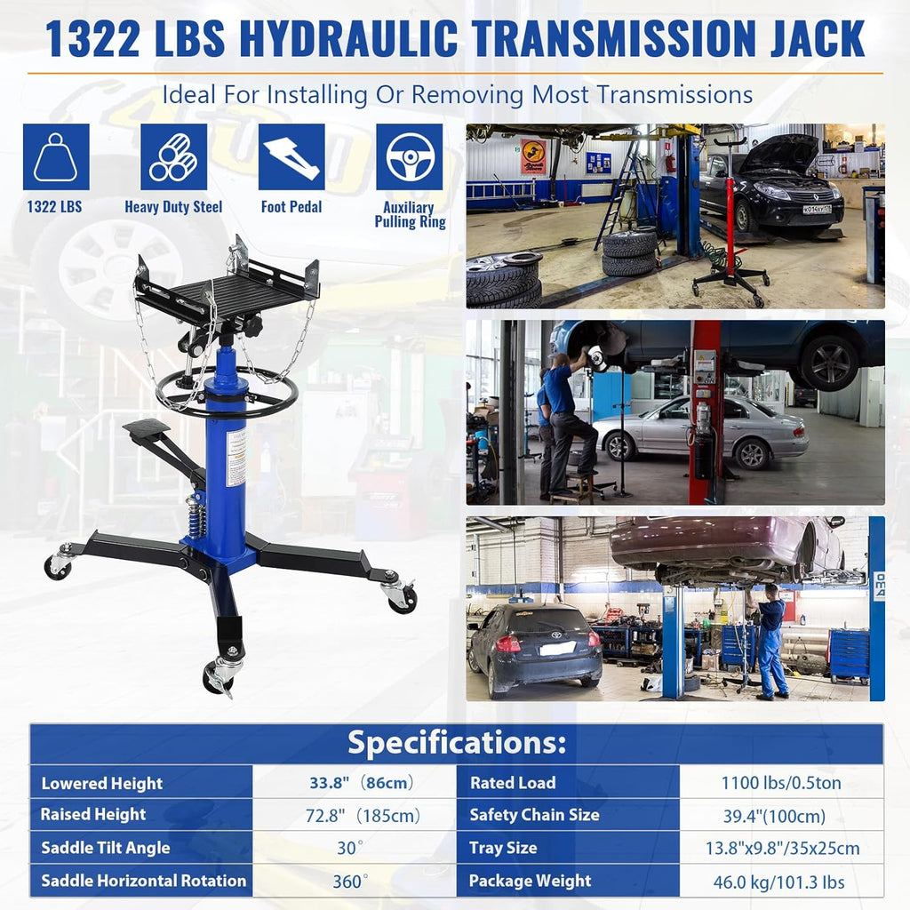 Transmission Jack with 2 Stage Hydraulic Ram, 1322 LBS Hydraulic Telescoping Transmission Jack with Foot Pedal & 360° Swivel Wheels, Heavy-Duty Garage/Workshop Jacks for Car/Truck Repairs, Blue