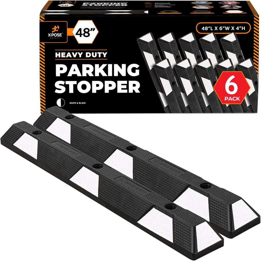 Xpose Safety 48" Heavy Duty Rubber Parking Stopper – 6 Pack Wheel Blocks for Garage, Driveway, or Ramp – Car Bumper Stop with White Reflective Strips – Removable Floor Mount