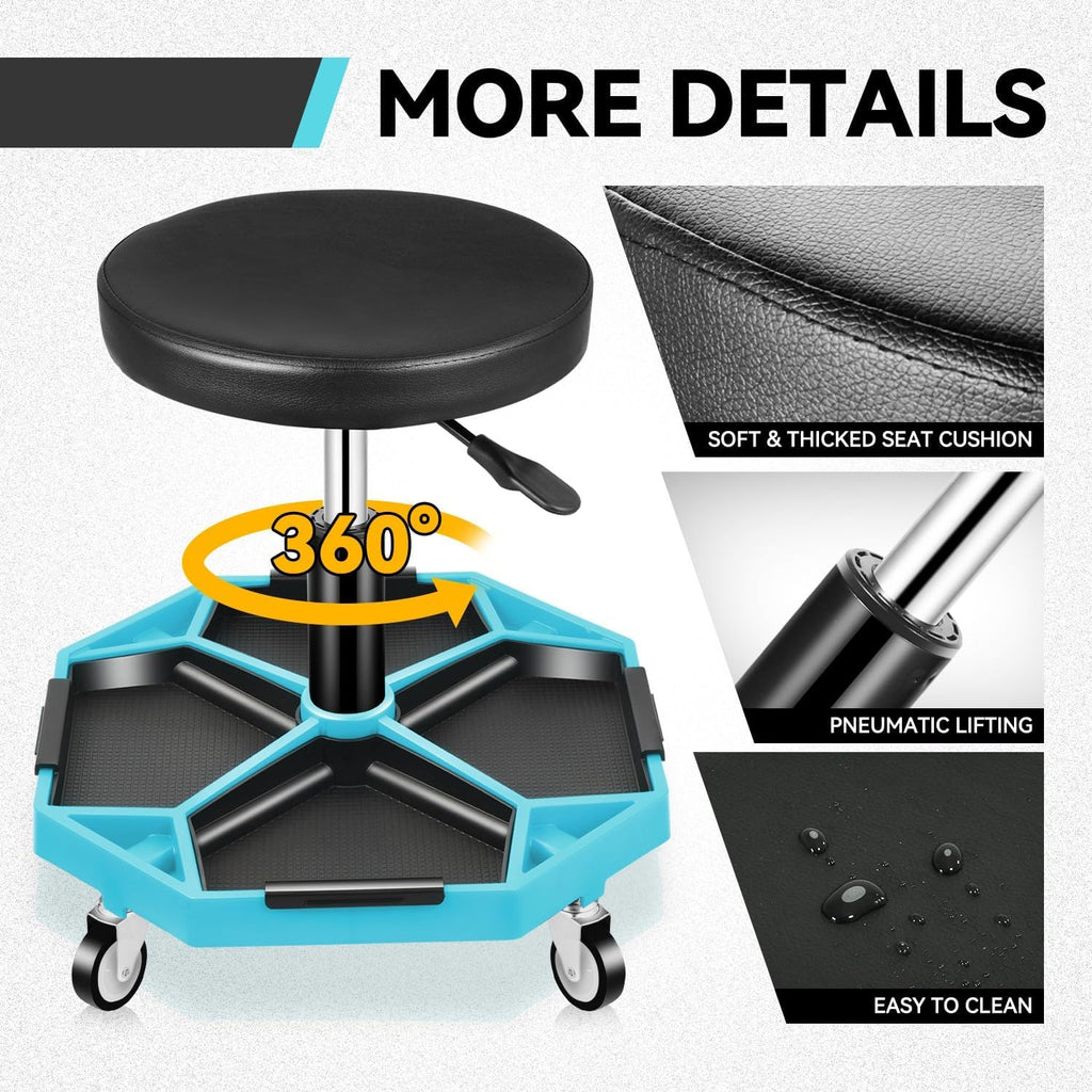 Auto Dynasty Mechanic Stool, Adjustable Rolling Pneumatic Creeper Garage Shop Seat with Tool Tray, 300 LBS Roller Seat for Workshop Auto Repair, Adjustable Height 15.7" to 21", Sky Blue