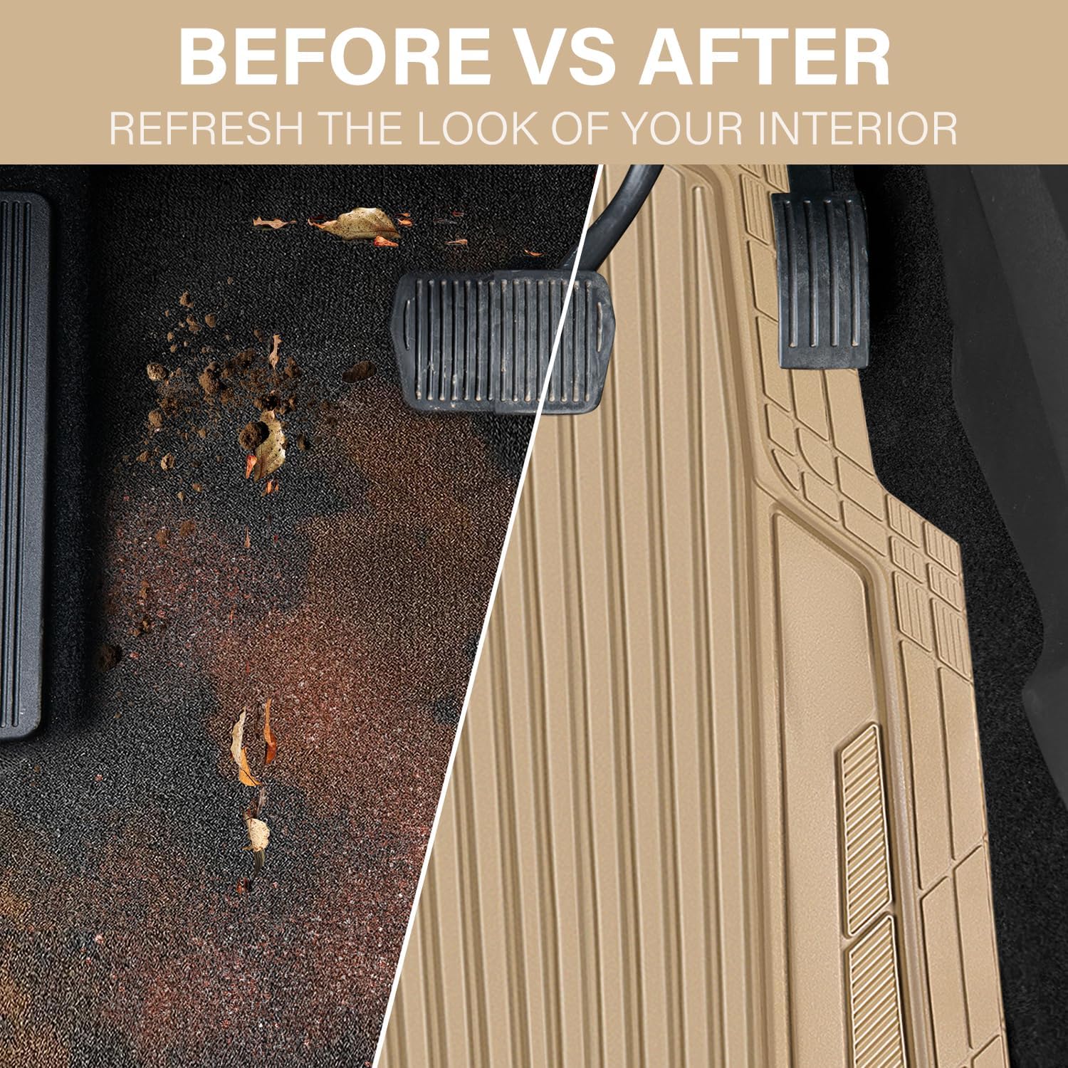 CAR PASS Heavy Duty Sporty Rubber Car Mats, Deep Dish All Weather Car Floor Mats Full Set, Waterproof Anti-Slip Automotive Matts Rugs Trim to Fit for Most Sedans SUVs, 4-Piece All Beige