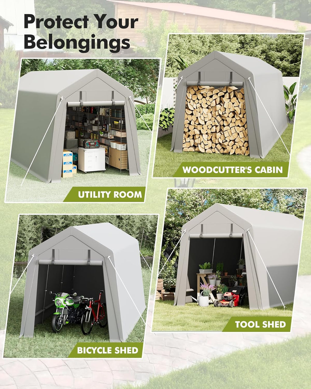 7 x 15 ft Carport Storage Shed, Portable Garage with Roll-up Zipper Door, Heavy Duty Waterproof Tarp, Storage for Motorcycle, Bike, Firewood, Garden Tools