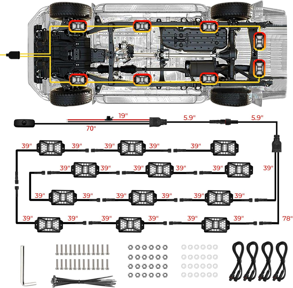 12 Pods Pure White LED Rock Lights Kit with Switch Wiring Harness,6500K 324 LEDs Bright Rock Lights for Trucks,Waterproof Underglow Light for Car Jeep Off Road ATV UTV SUV