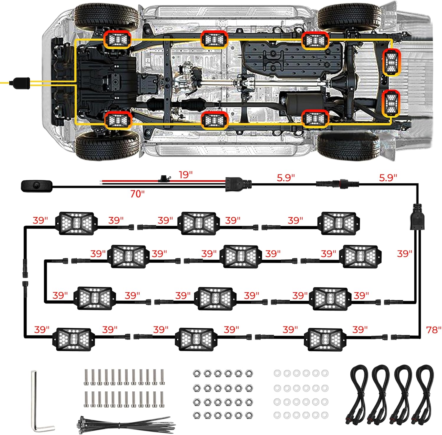 12 Pods Pure White LED Rock Lights Kit with Switch Wiring Harness,6500K 324 LEDs Bright Rock Lights for Trucks,Waterproof Underglow Light for Car Jeep Off Road ATV UTV SUV
