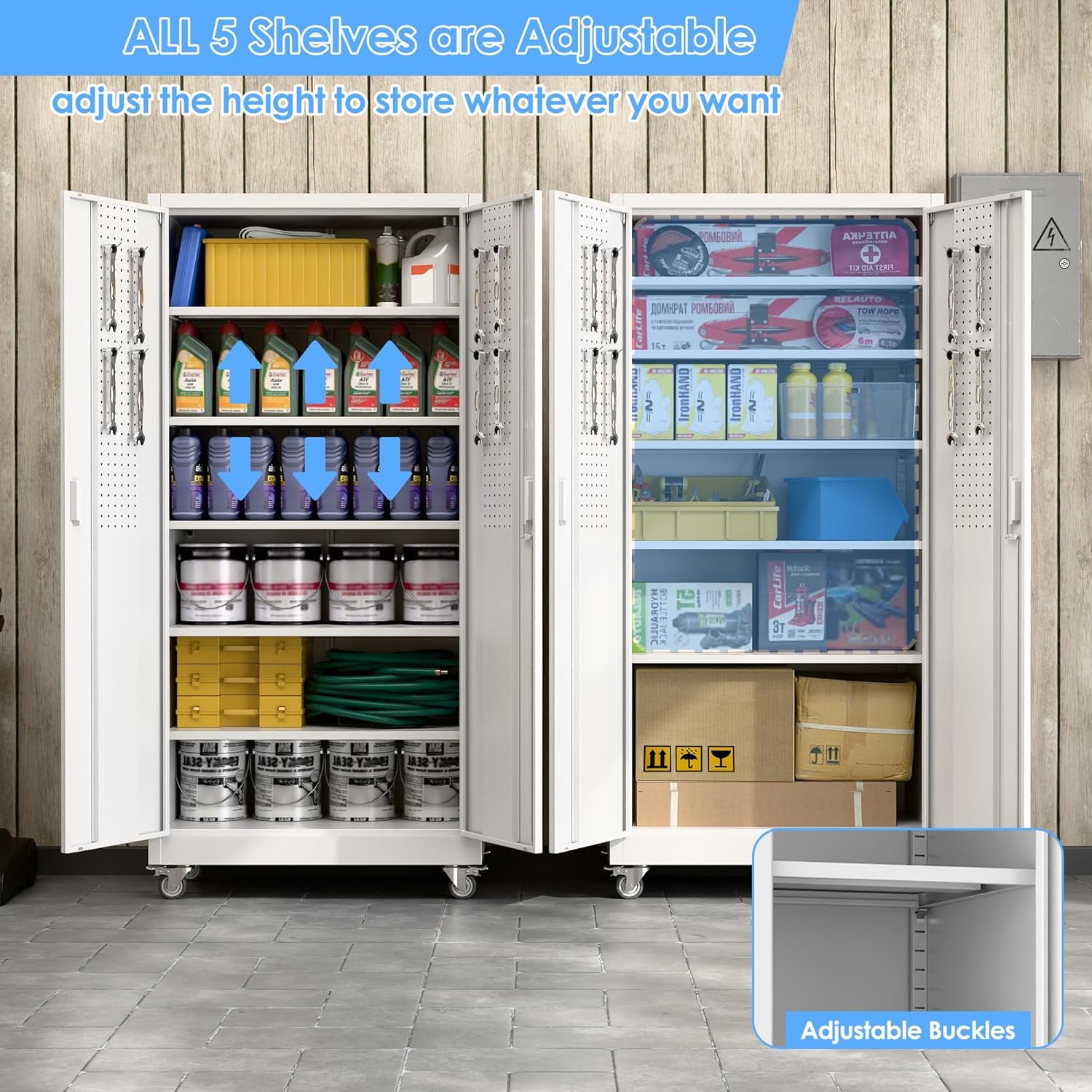 Garage Storage Cabinet with Pegboard and 5 Adjustable Shelves, 71'' x 32'' x 16''Metal Lockable Cabinet with Magnetic Doors,Tool Storage,Home Office Garage,Gym,School(White)