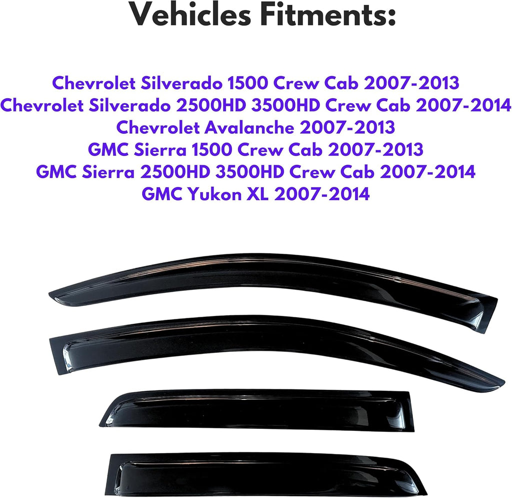 KPY Window Visor Compatible with 2007-2013 Chevy Silverado Avalanche & GMC Sierra 1500, Rain Guard Vent Deflector for 2007-2014 Silverado/Sierra 2500HD/3500HD/Yukon XL, 2009 2010 2011 2012 (Crew Cab)