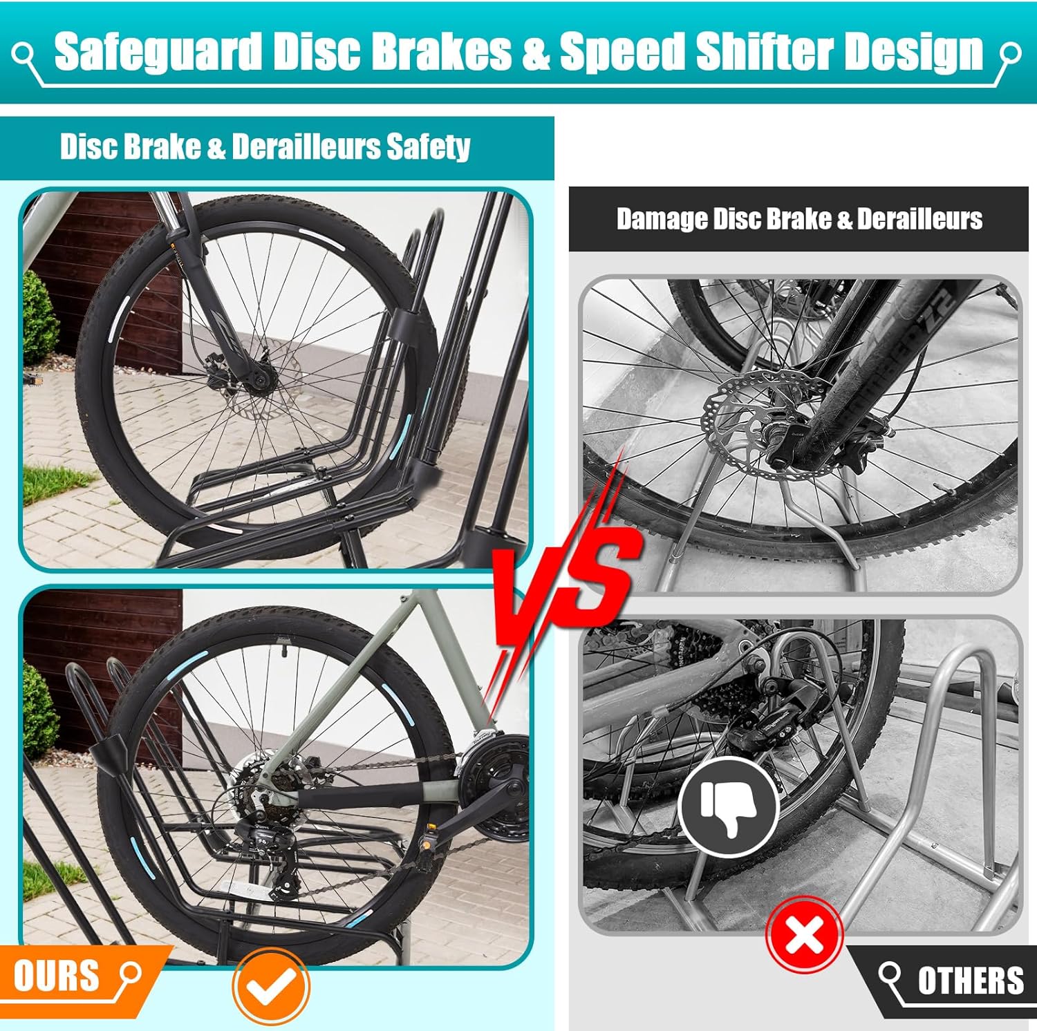 Floor Bike Rack for 4 Bikes, Bike Stand Anti-Collision Protects Disc Brake & Derailleur, Bicycle Holder Road/Kids/MTB Bicycles, Fits 12"-29" Tires, for Indoor Outdoor Garage
