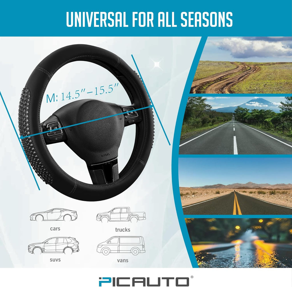 PIC AUTO Gel Particles Steering Wheel Cover, Black Luxury Leather Car Steering Wheel Protector, Universal Fit 14.5"-15.5" Anti-Slip Car Interior Accessories for Girls & Women