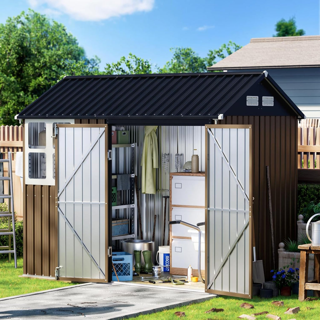 8X6FT Outdoor Steel Storage Shed with Lockable Doors, Frame Floor (No Wood/Other Boards),One Window,Ideal for Garden, Backyard, Patio Storage,Brown