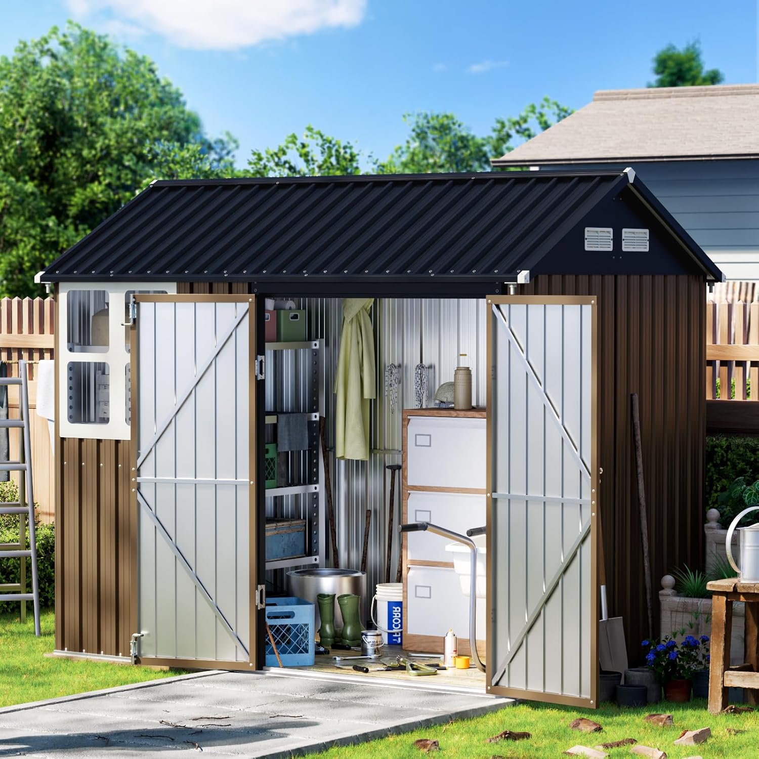 8X6FT Outdoor Steel Storage Shed with Lockable Doors, Frame Floor (No Wood/Other Boards),One Window,Ideal for Garden, Backyard, Patio Storage,Brown