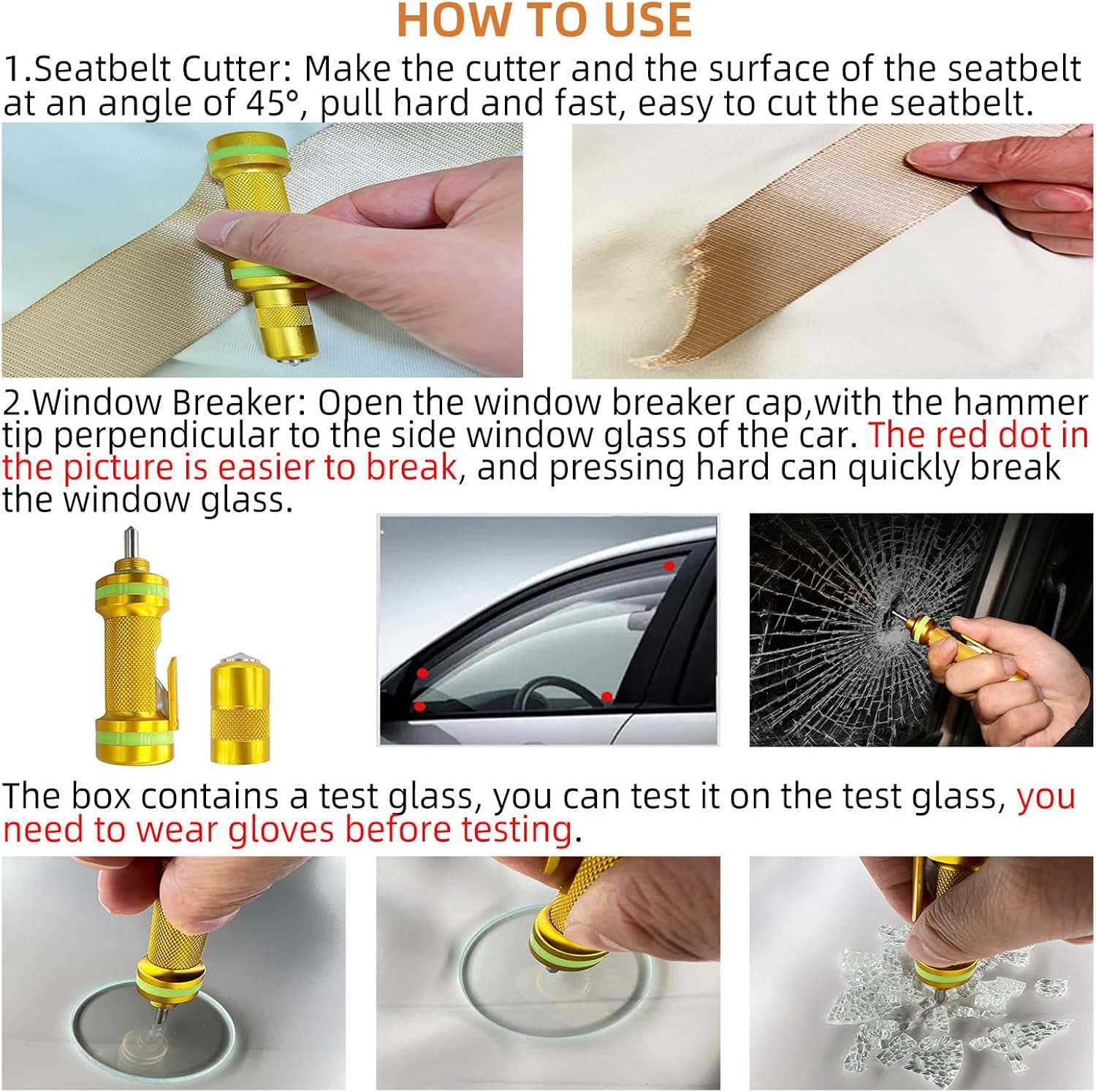 Allelic Car Window Breaker Tool, Window Breaker Seatbelt Cutter, Window Breaker, Glass Breaker, Spring Loaded Window Breaker for Land & Underwater (Gold)