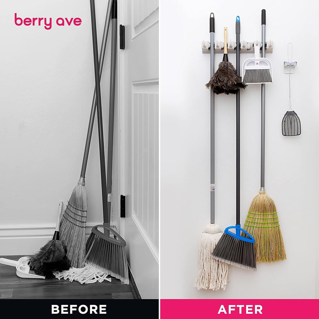 Berry Ave Broom Holder & Wall Mount Garden Tool Organizer- Kitchen, Closet, Garage & Laundry Room Storage With 5 Slots And 6 Hooks- Wall Holder For Broom, Rake & Mop Handles Up To 1.25” [Beige 2-Pack]