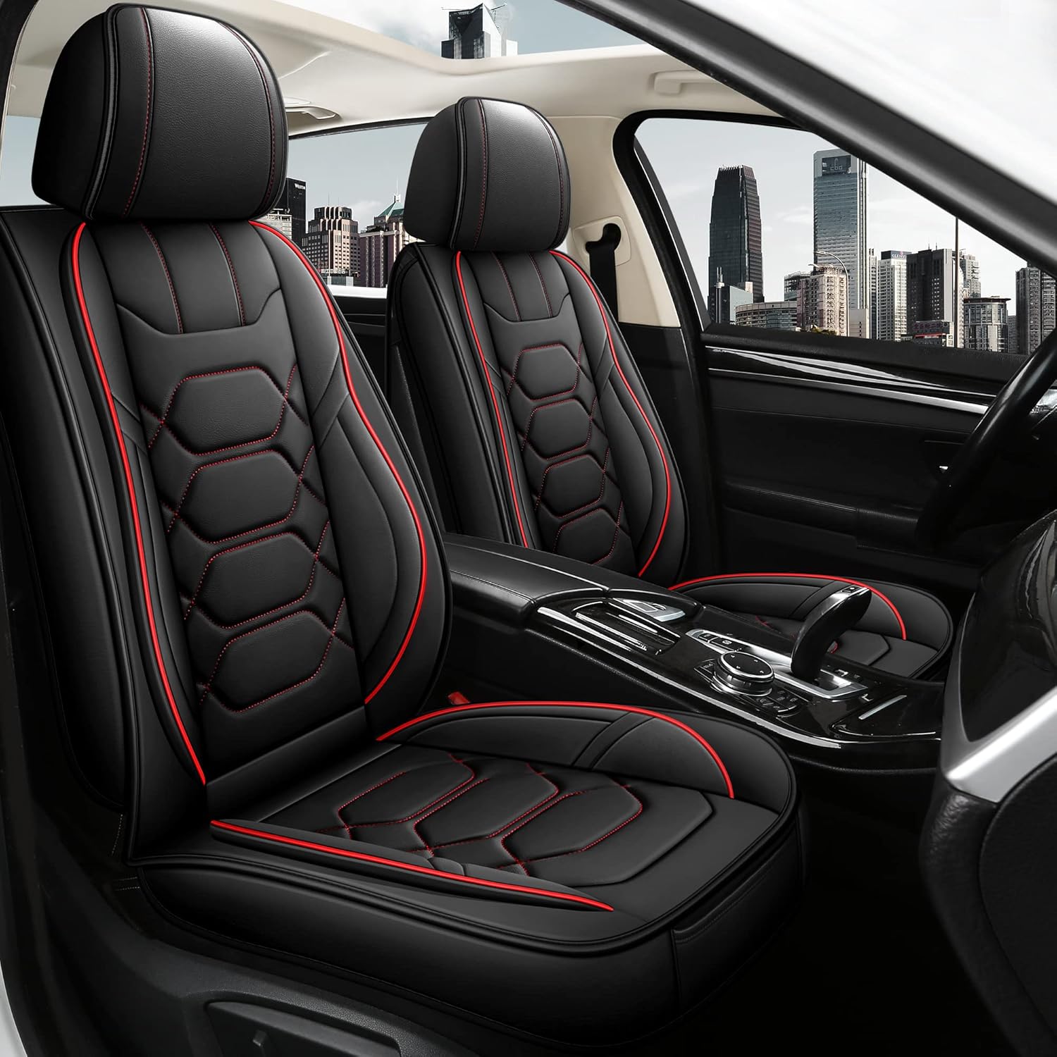 Pariitadin Leather Car Seat Covers Full Set, Waterproof Faux Leather Seat Covers for Cars, Non-Slip Car Interior Covers Universal Fit for Most Cars Sedans Trucks SUVs, Black/Red