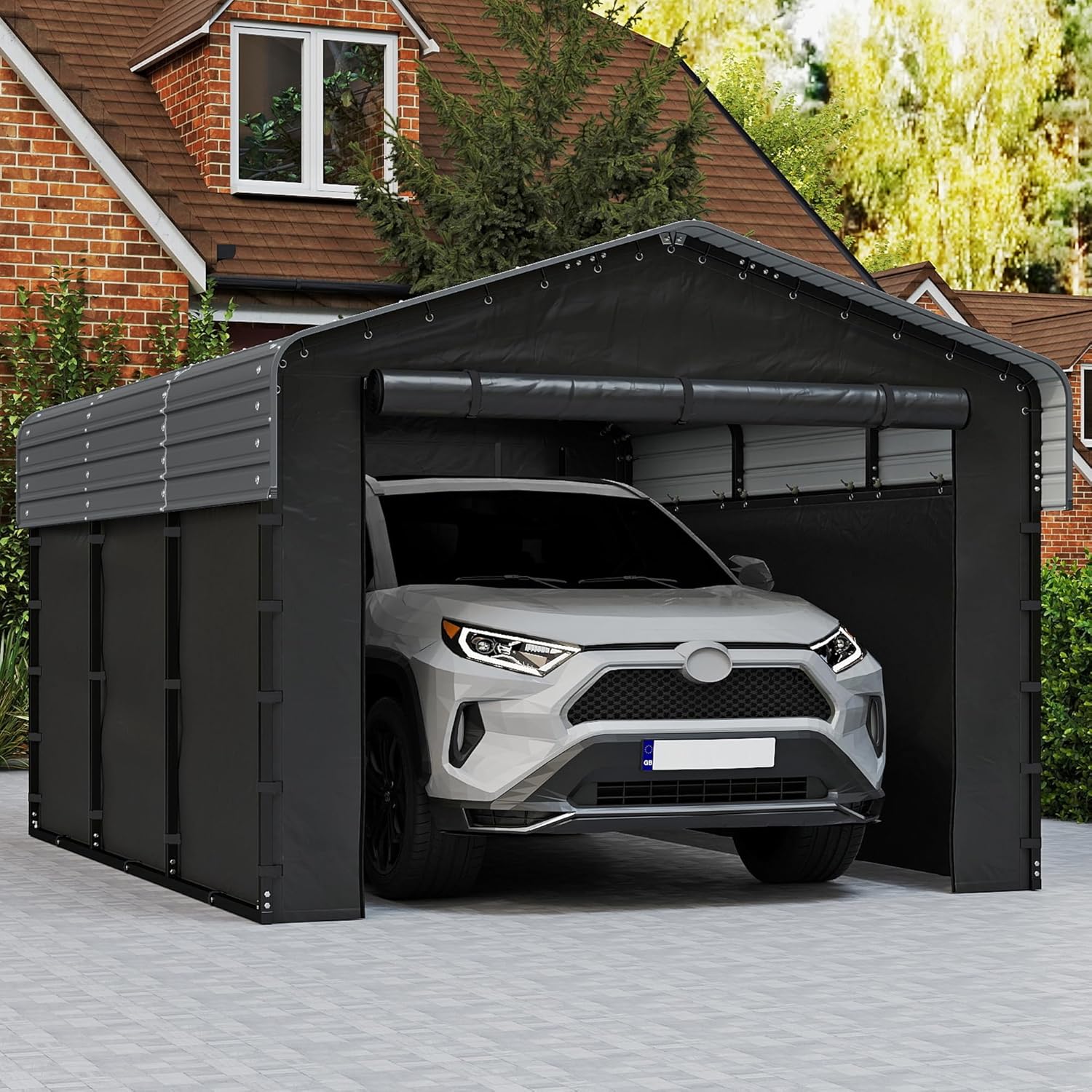 Real Relax 10x15ft Heavy Duty Metal Carport with Galvanized Steel Roof, Removable Sidewalls, Outdoor Car Port Shelter for Cars, Trucks and Boats, Gray