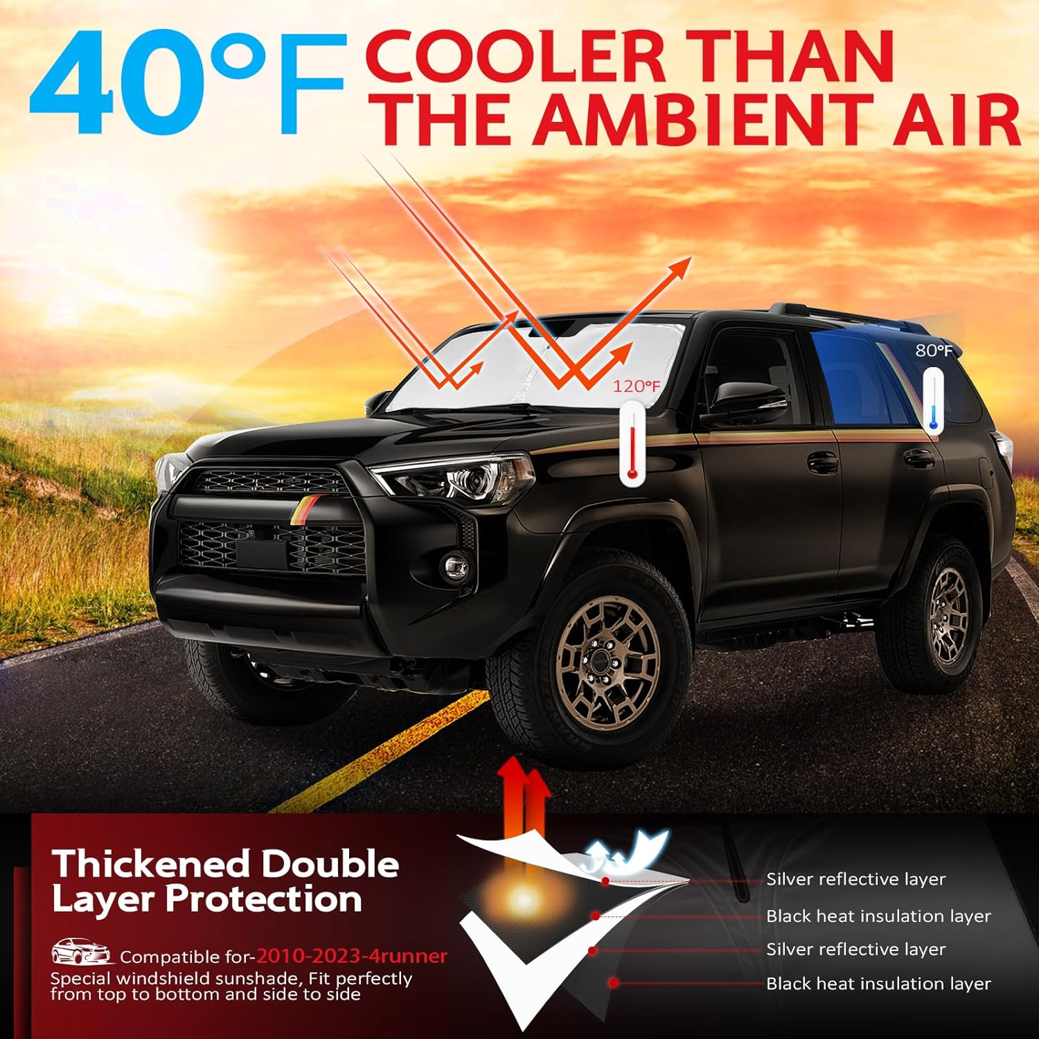 KAYZT Windshield Sun Shade for Toyota 4Runner 2010-2024 4-Runner Foldable Sunshade SUV Front Window Custom Fit Accessories