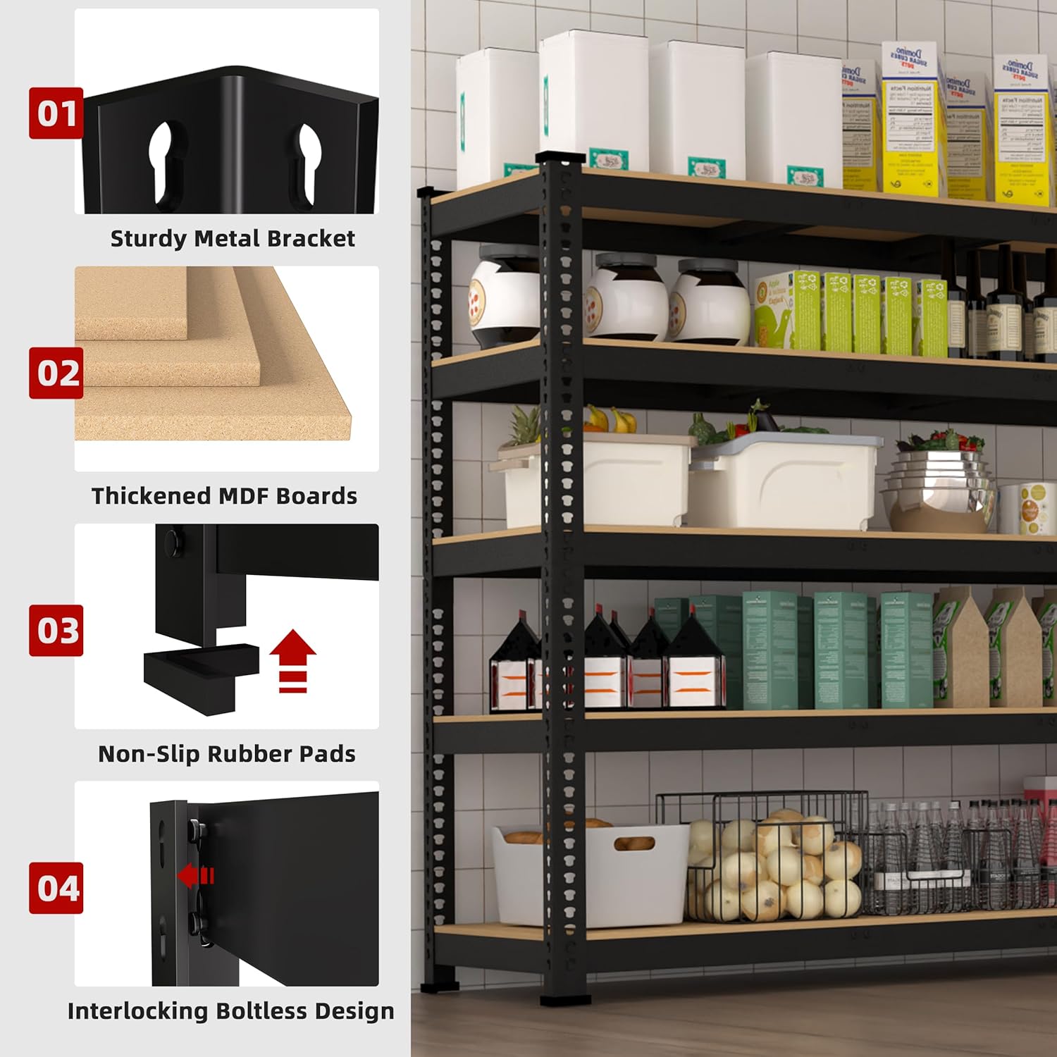 48" W x 24" D x 72" H Adjustable Garage Storage Shelves - 5-Shelf Heavy Duty Shelving Unit, Metal Utility Storage Organizer Racks for Warehouse Pantry Closet Kitchen, Black