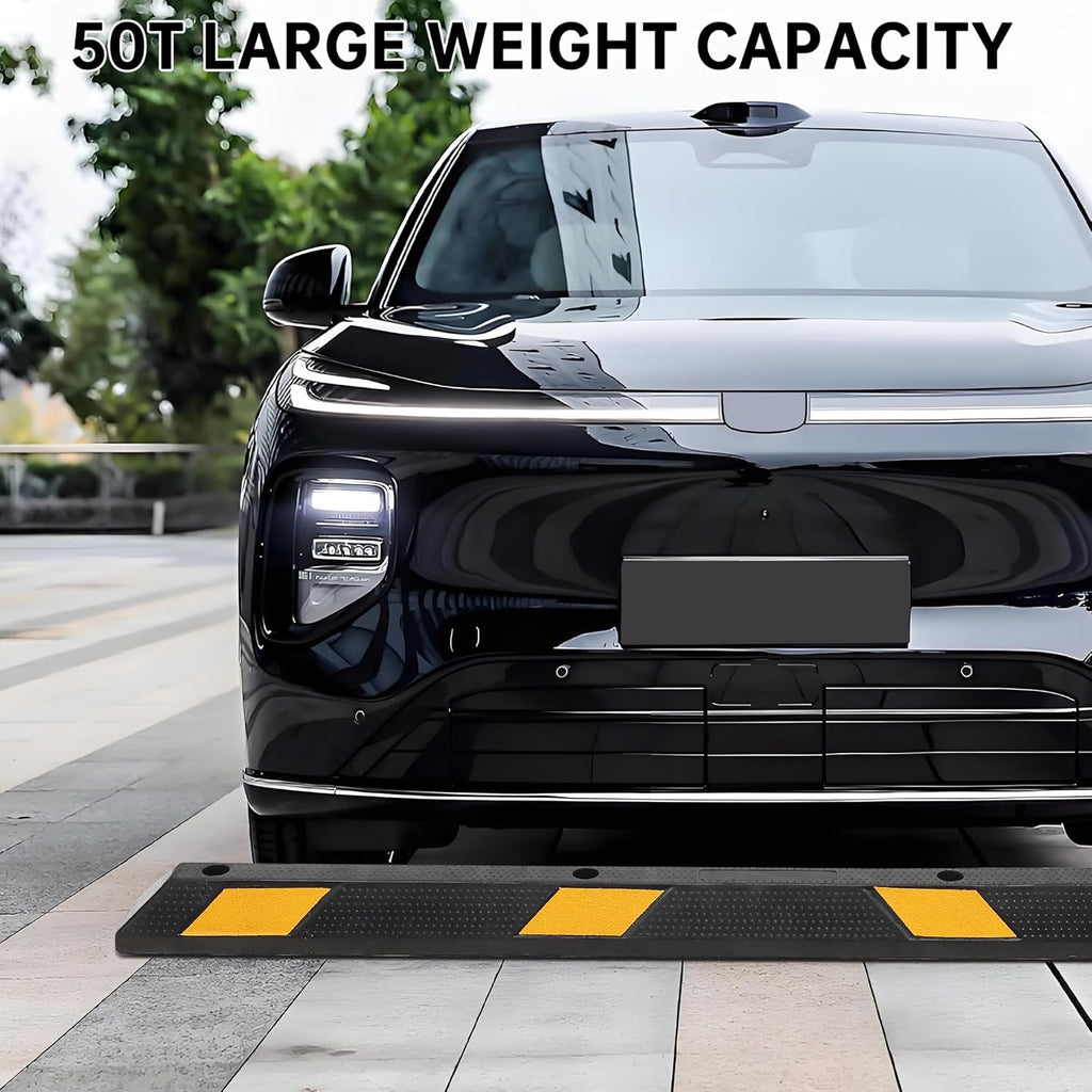 Pack of 1-72" Parking Stoppers for Garage, Heavy Duty Rubber Parking Curb with Reflective Stripe, Garage Floor Wheel Stopper for Car Vehicles Truck, Installation Kit Included
