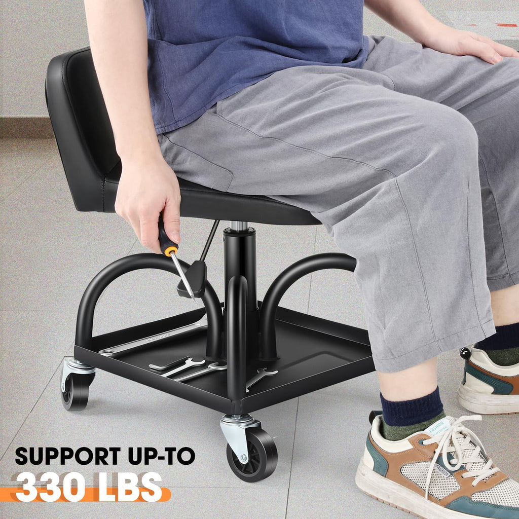 DNA MOTORING Rolling Padded Seat Adjustable Height Seat 330lbs Capacity Rolling Mechanic Creeper Stool, W/Tool Storage Drawer & Tray, Black, TOOLS-00600