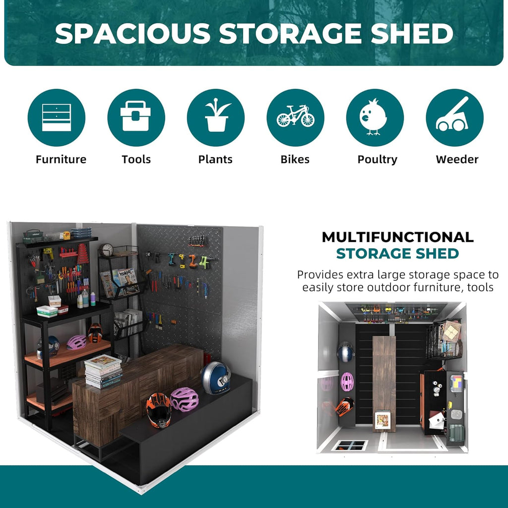 MyVoice 6x6 FT Outdoor Resin Storage Shed with HD Window, Rustproof Waterproof Garden Tool Shed, 12mm Thickened PP Panels, Large Capacity Outdoor Utility House for Backyard Patio (with Floor)
