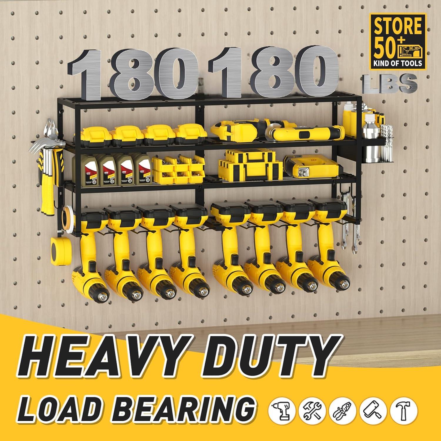 Large Power Tool Organizer Wall Mount for Fathers Dad, 4 Layers Heavy Duty Metal Garage Organization Loads 360lbs with 8 Cordless Drill Holder, Power Tool Shelf for Garage Workshop, Utility Racks