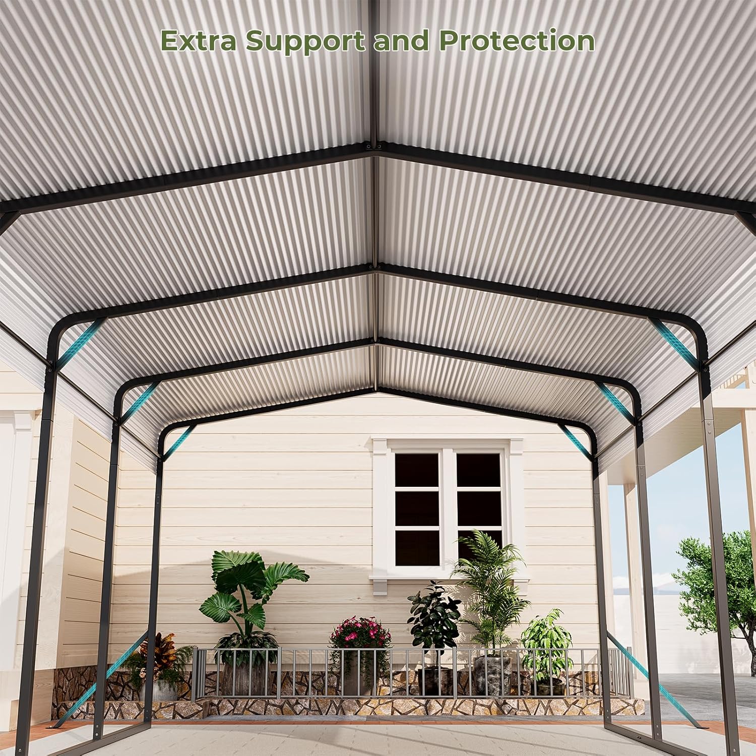 Carport 12x20 FT Heavy Duty Metal Carport, Outdoor Metal Canopy with Additional Diagonal Bars and 4 Support Feet, Car Port Garage Galvanized Shelter for Car, Boat and Tractor