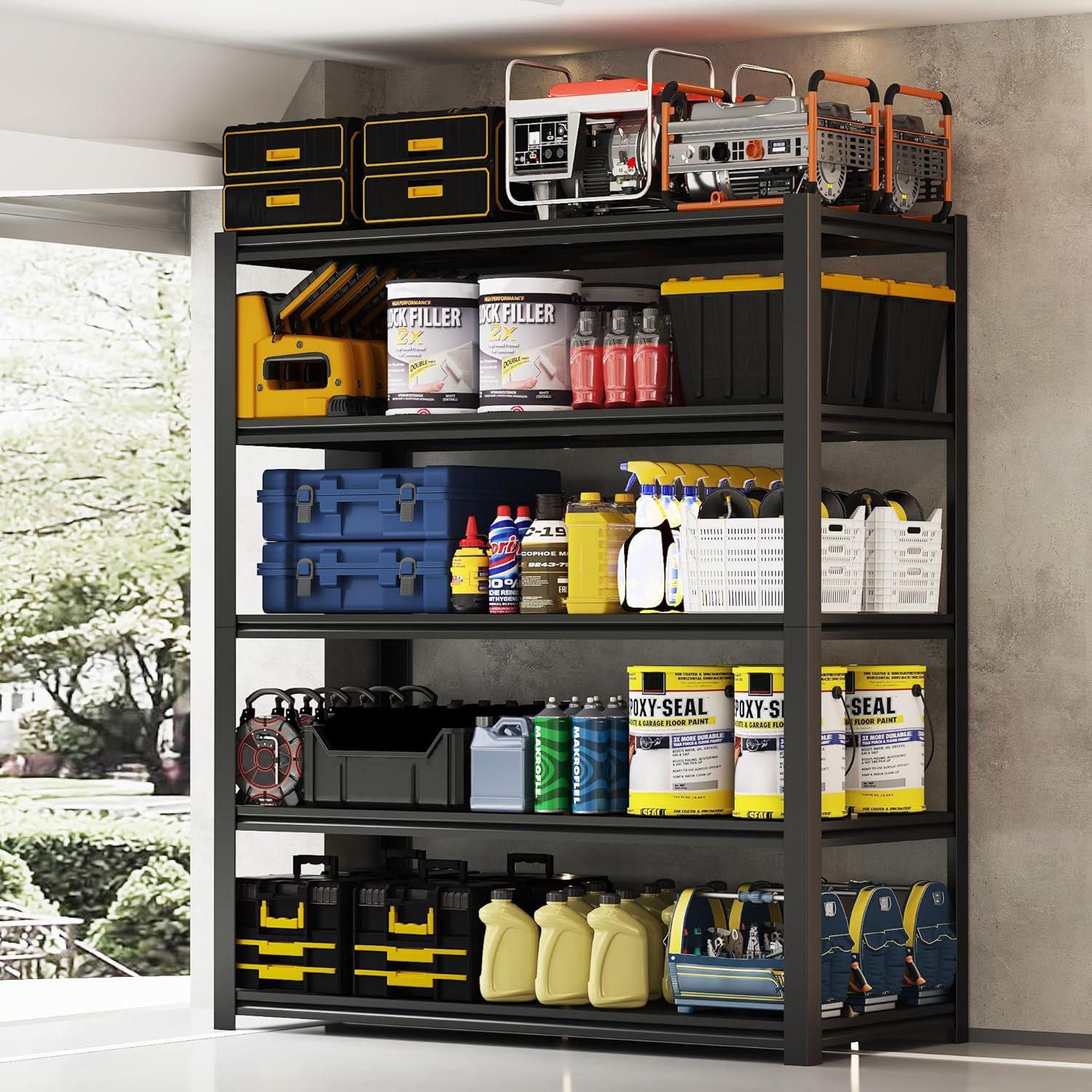 48.2" W Garage Shelving 3000LBS Storage Shelves Heavy Duty Garage Storage Shelves Adjustable 5 Tier Metal Shelves for Storage Industrial Heavy Duty Shelving Utility Shelf 24.2"Dx48.2"Wx 72.2"H