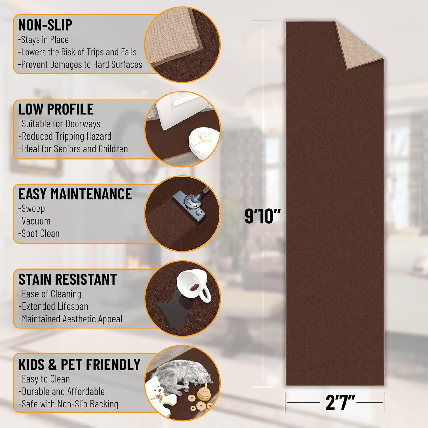 Ottomanson Hallway Runner Rug 2'7" x 9'10" Non Slip Solid Area Rugs Easy to Clean Laundry Rug Runner Durable & Pet Friendly Floor Carpet Runners for Hallways Entryway Living Room Kitchen, Brown