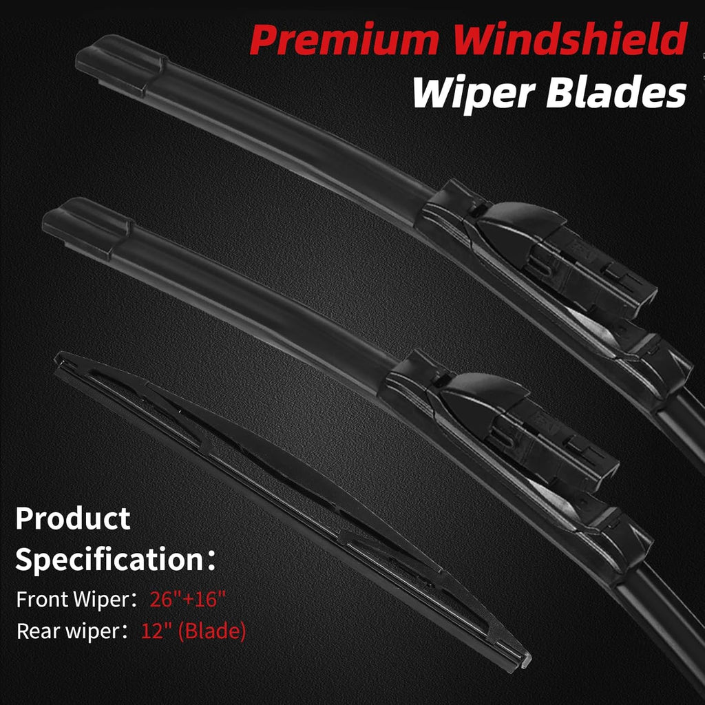 OTUAYAUTO Premium Windshield Wiper Blades - Replacement for Subaru Impreza 17-22, Crosstrek 18-22, All-Weather Performance, Front and Rear Wiper Blades, Top Lock - 26"+16"+12" (Pack of 3)