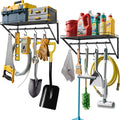 RedCall 2 Pack Garage Wall Shelf with 10 Hooks,23.5" x 13"Wall Mounted Storage Shelves with 2 Hanging Bars Rack for Garage, Closet, Laundry Room,Heavy Duty Metal Shelves