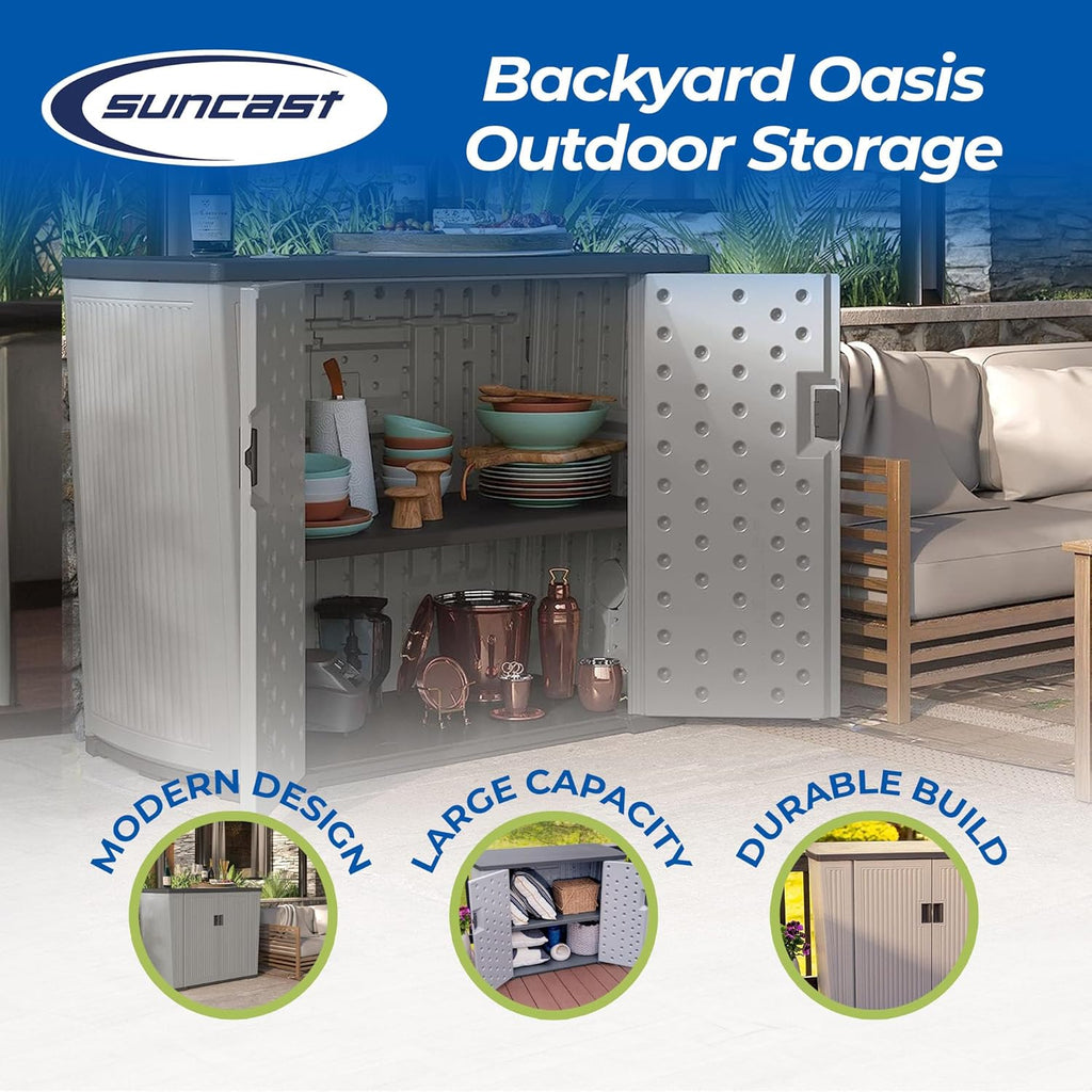 Suncast Outdoor Storage Shed for Patio and Garden, Backyard Oasis, 130 Gallon, Dove Gray